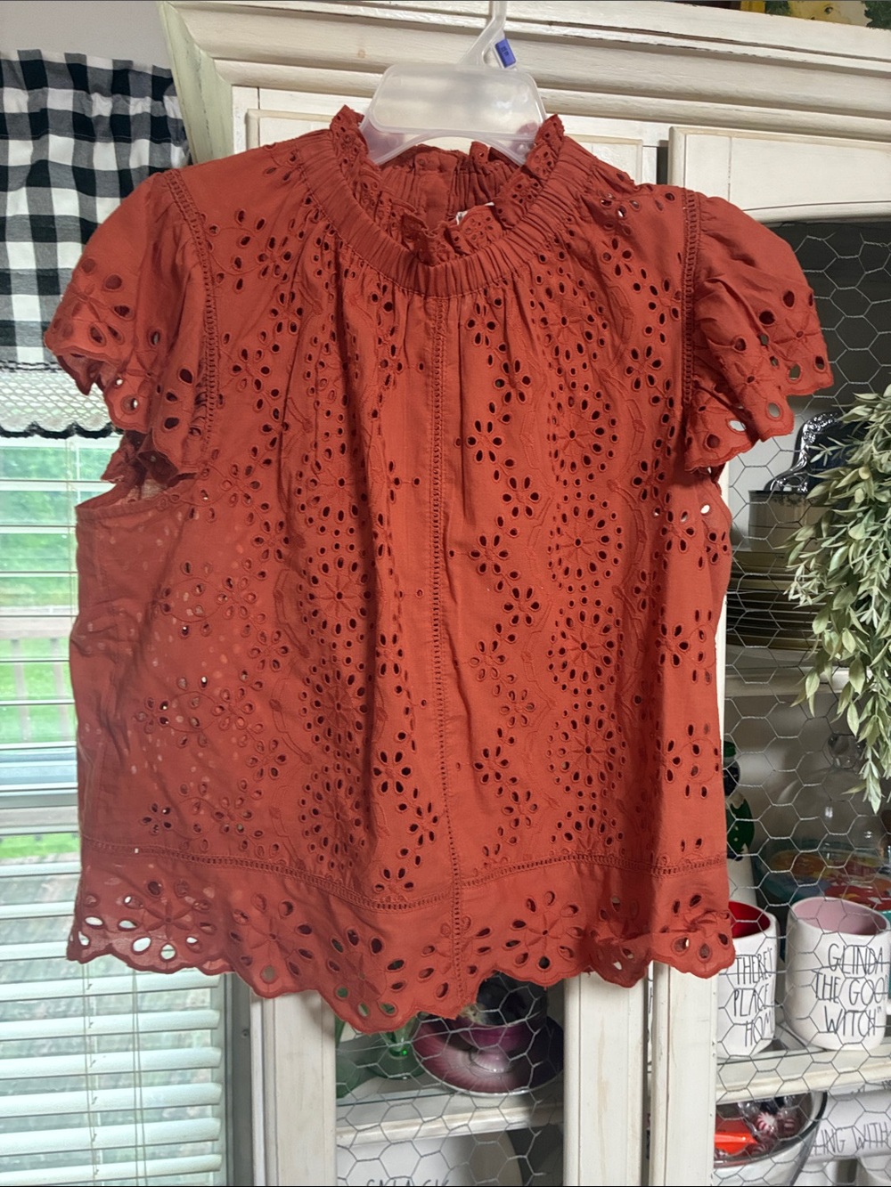 Women’s Eyelet Short-Sleeve Blouse in Rust